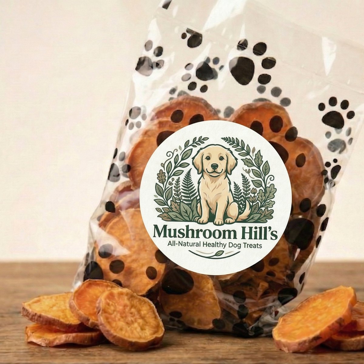 8 oz bag of Mushroom Hill's Chews all-natural sweet potato dog treats